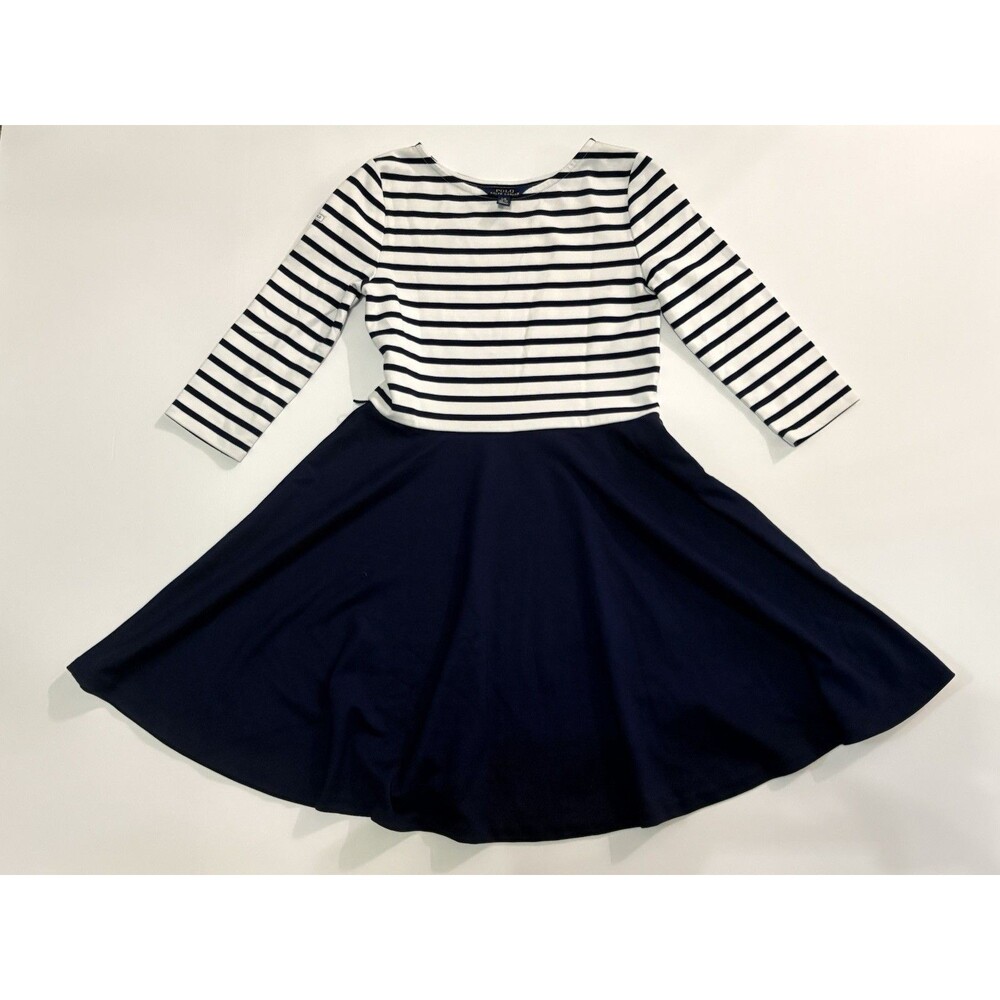 Polo Ralph Lauren Girls L (12/14) Dress White Navy Stripe Fit Flare